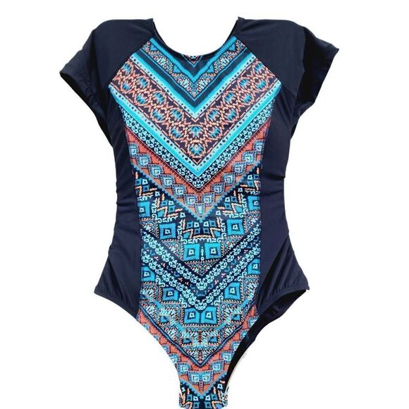 Aqua Green Womens One Piece Swimsuit Multicolor Aztec Jewel Neck XL New - Picture 1 of 6